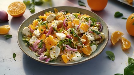 Eine Schüssel Orzo-Orangen-Salat mit Mozzarella und roten Zwiebeln. Drumherum ein paar Zutaten.