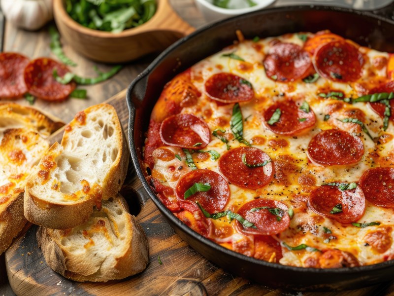 Pfanne mit Peperoni-Pizza-Dip und geröstetem Brot daneben