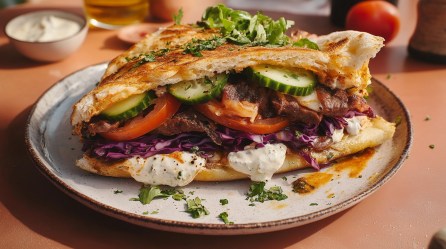 Ein Pizza-Döner auf einem Teller, gefüllt mit Salat, Rotkohl, Tomate, Gurke, Soße und Fleisch. Nahaufnahme.