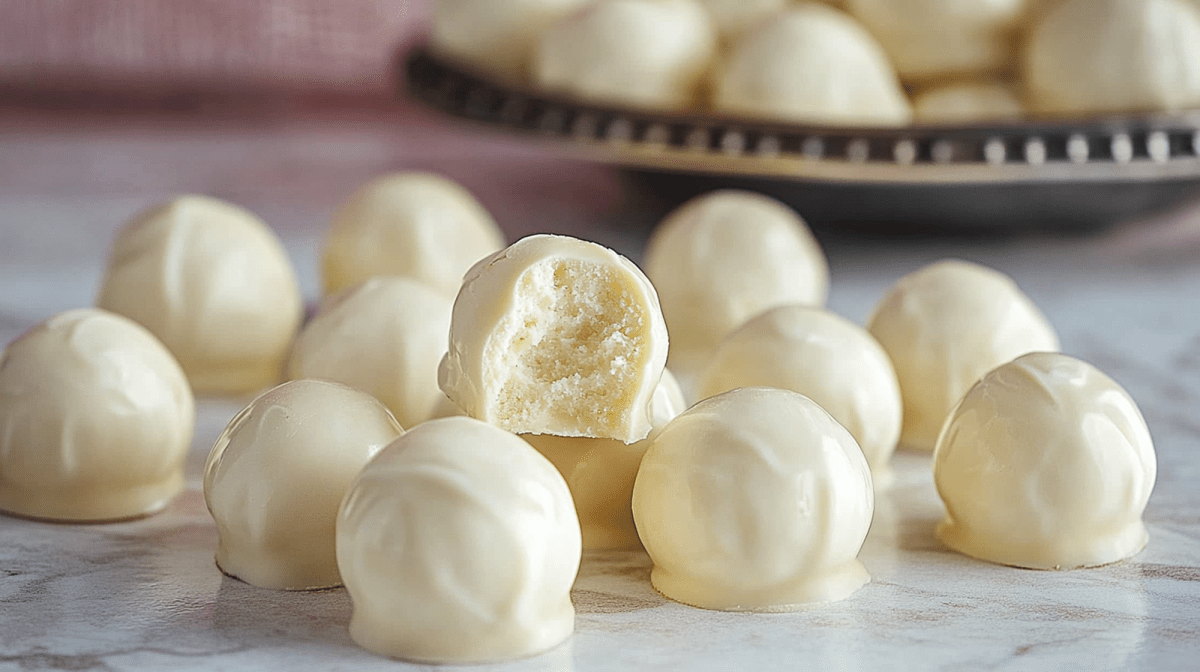 Einige Prosecco-Pralinen aus weißer Schokolade liegen auf einer hellen Marmoroberfläche. Sie sind mit weißer Schokolade überzogen. Im Hintergrund ist eine silberne Schale zu sehen, in der weitere Prosecco-Pralinen aus weißer Schokolade liegen.