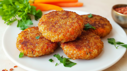 Vier knusprige Reistaler liegen aufeinander auf einem Teller. Sie sind mit frischen Kräutern bedeckt. Im Hintergrund sieht man noch drei Karotten liegen.