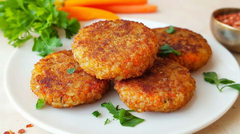 Vier knusprige Reistaler liegen aufeinander auf einem Teller. Sie sind mit frischen Kräutern bedeckt. Im Hintergrund sieht man noch drei Karotten liegen.