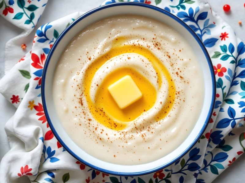 Eine Schüssel Rømmegrøt in der Draufsicht.