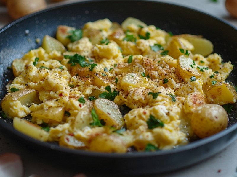 Rührei-Kartoffeln mit Käse in einer Pfanne, bestreut mit Petersilie, Nahaufnahme.