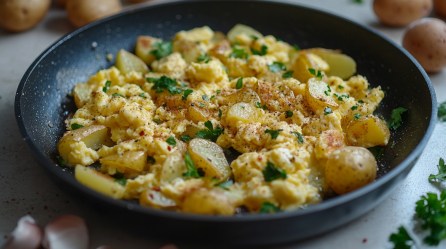Rührei-Kartoffeln mit Käse in einer Pfanne, bestreut mit Petersilie, Nahaufnahme.