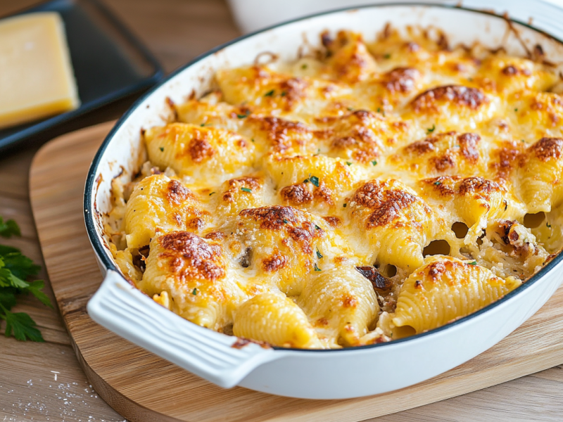 Sauerkraut-Nudelauflauf in einer Auflaufform.