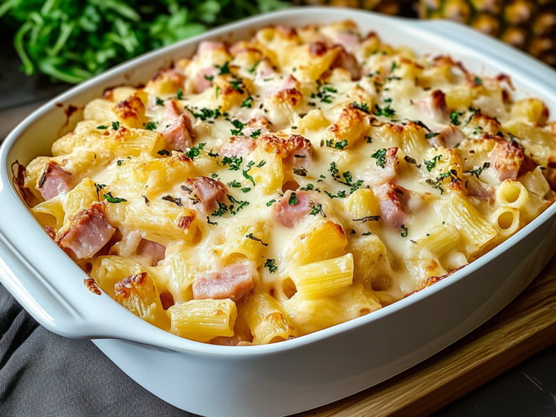 Eine Gratinform mit Schinken-Ananas-Nudelauflauf, der mit etwas frischer gehackter Petersilie garniert ist. Die Auflaufform steht auf einem Holzbrett. Daneben liegt ein Küchenhandtuch- Im Hintergrund sind zwei Ananas und vermutlich etwas Rucola zu sehen.