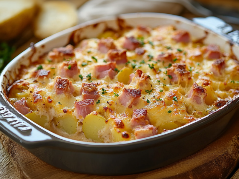 Schinkenbegräbnis: Kartoffel-Schinken-Auflauf in einer bunten Auflaufform aus Keramik.