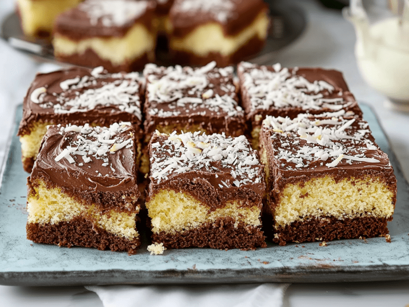 Ein großer rechteckiger Teller mit quadratischen Stücken Schoko-Kokos-Kuchen, die mit einer Schokoladenglasur und Kokosraspeln getoppt sind. Hinter dem Teller kann man einen weiteren Teller erkennen, auf dem Schoko-Kokos-Kuchenstücke liegen. Außerdem kann man ein weißes Tuch sehen, das herum liegt. Und ein Glasgefäß mit Milch oder Sahne ist zu erkennen.