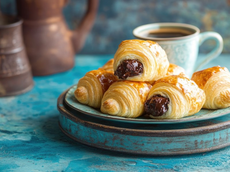 mit Schokocreme gefüllte Croissants auf einem Teller.
