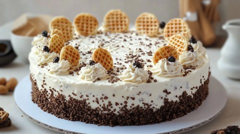 Eine Schokokuss-Torte verzierat mit Waffeln auf einem Tortenteller.