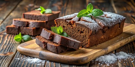 angeschnittener Schokoladen-Minz-Kuchen auf einem Brett