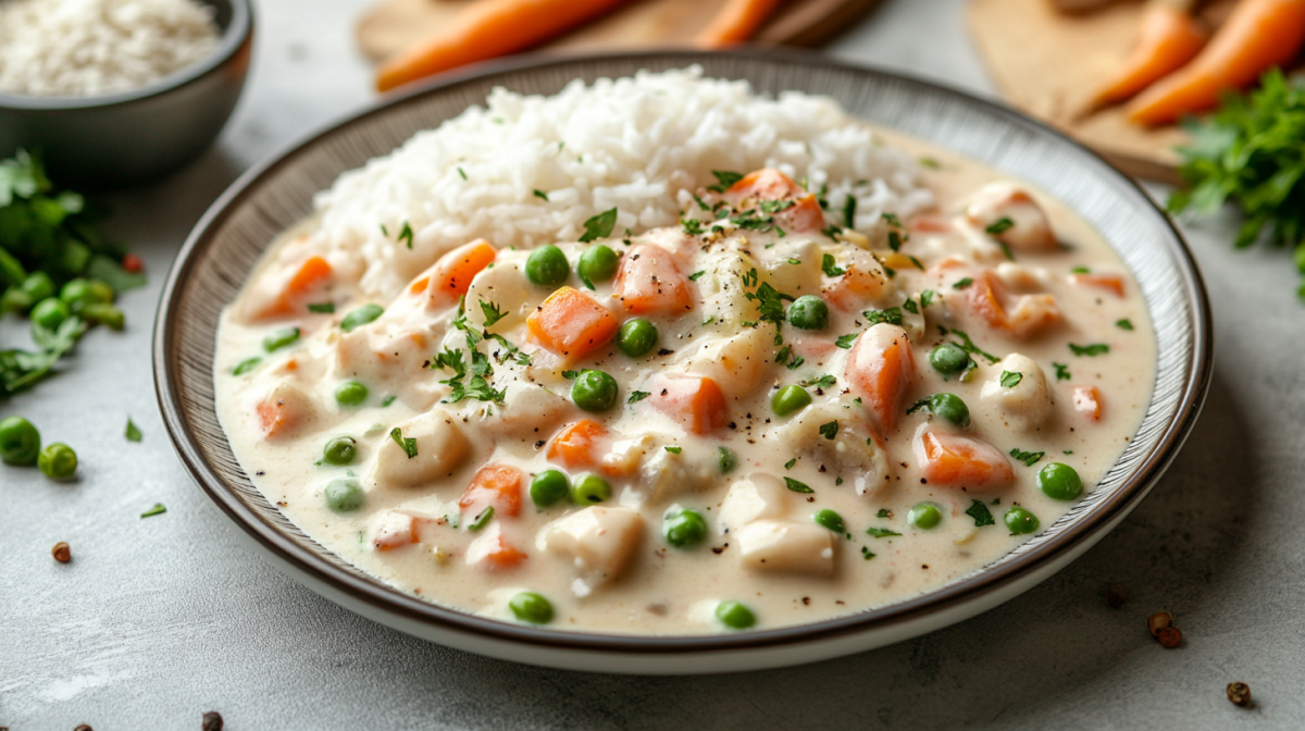 Schwarzwurzel-Frikassee mit Möhren, Pilzen und Erbsen auf einem Teller mit Reis. Drumherum einige der Zutaten.