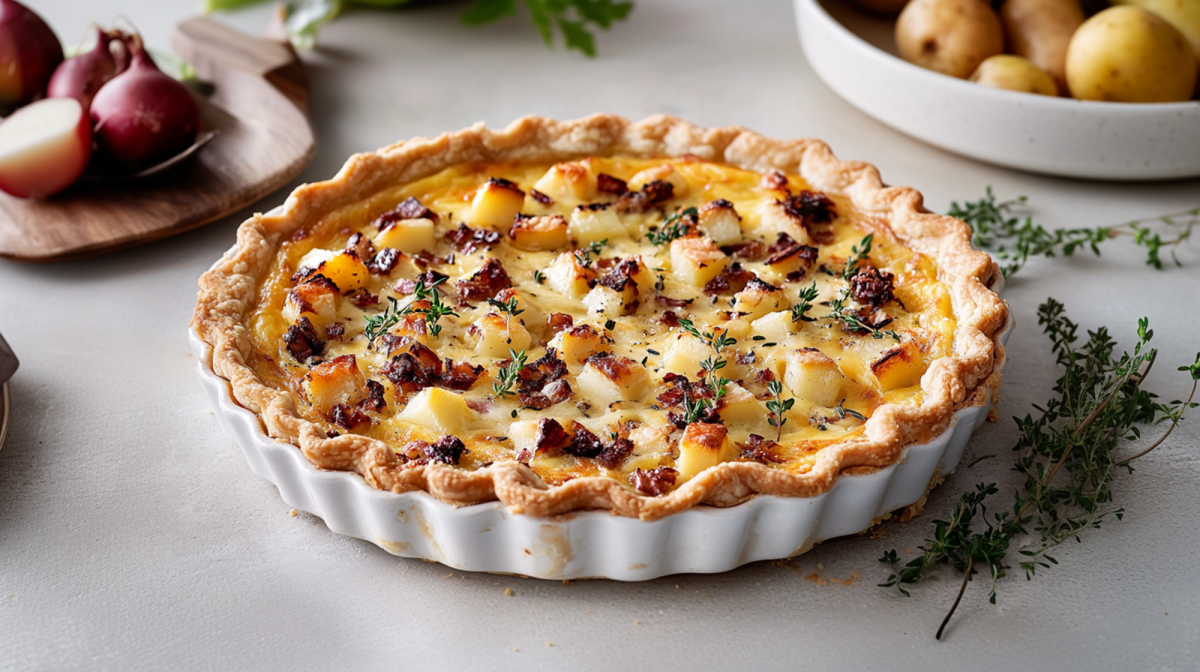 Eine Sellerie-Quiche, garniert mit frischem Thymian in einer weißen Quiche-Form. Ringsum die Form liegen Stiele frischen Thymians. Im Hintergrund in der rechten oberen Bildecke ist ein Teller mit Kartoffeln zu sehen. In der linken oberen Bildecke liegt ein Brett mit Zwiebeln drauf. Eine davon ist in der Mitte auseinandergeschnitten.