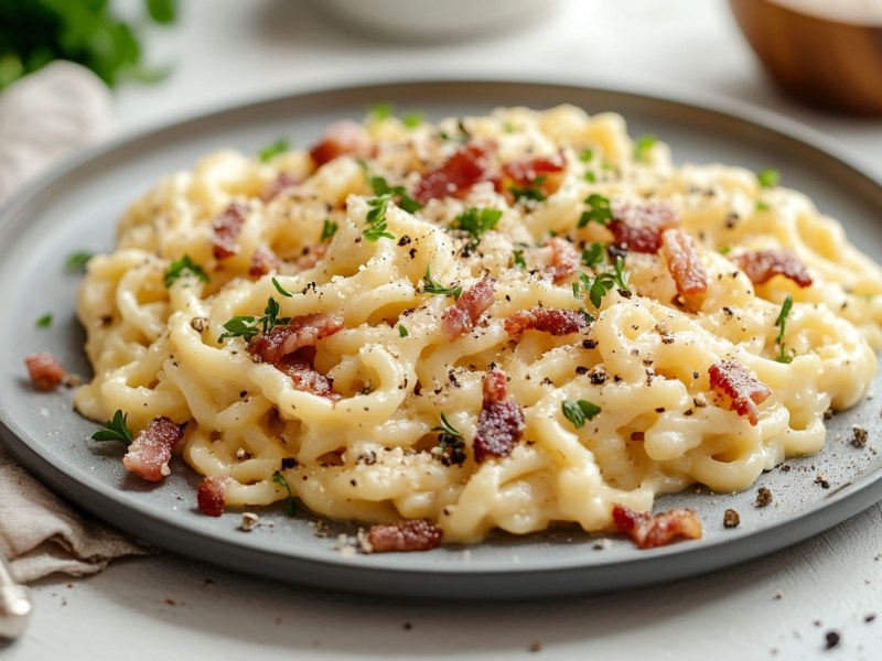 Ein Teller Spätzle Carbonara, daneben eine Gabel.