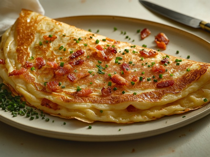 Ein zusammengeklappter Speckpfannkuchen mit Dill auf einem Teller, daneben ein Messer. Nahaufnahme.