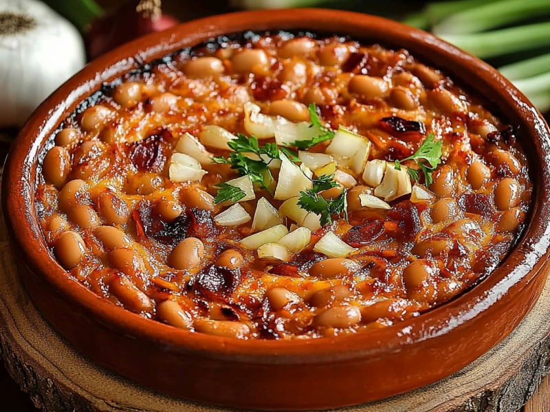 Eine Tonschale mit Tavče gravče: mazedonischen gebackenen Bohnen. Die Bohnen sind mit Zwiebeln bestreue. Drum herum liegen Zutaten.