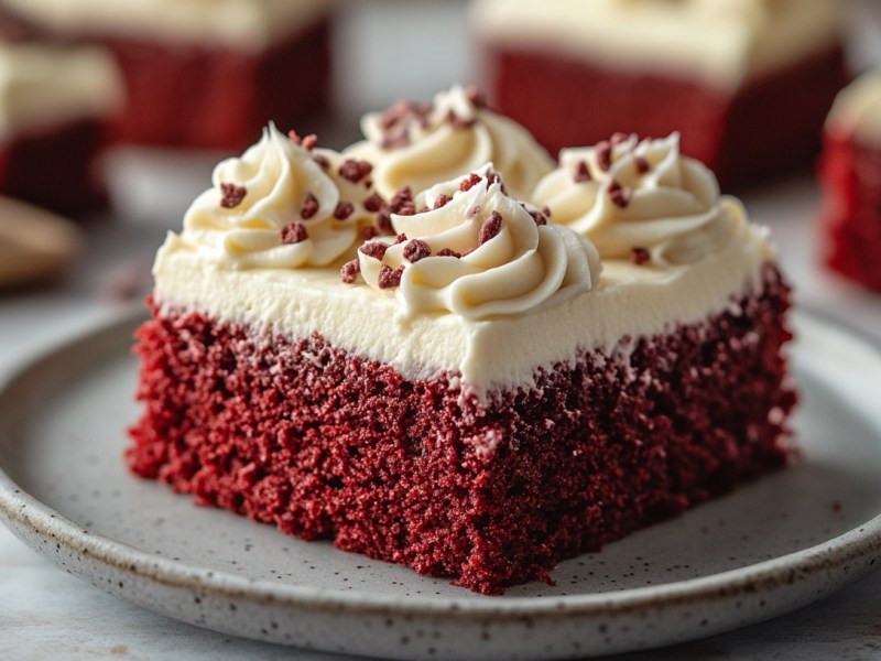 Ein Stück Teufelskuchen vom Blech mit Buttercreme verziert auf einem Teller. Dahinter unscharf weitere Stücke.