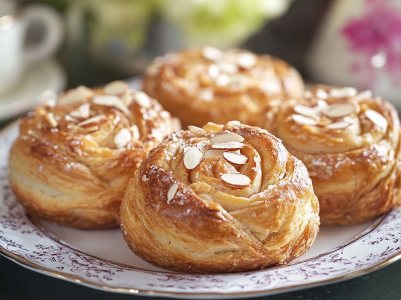 Toscabullar: schwedische Marzipanschnecken auf einem gemusterten Teller.