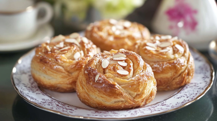 Toscabullar: schwedische Marzipanschnecken auf einem gemusterten Teller.