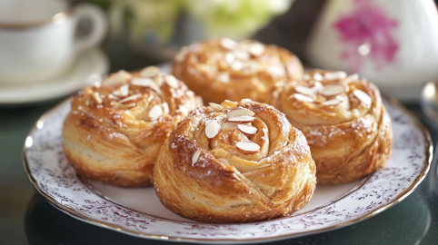 Toscabullar: schwedische Marzipanschnecken auf einem gemusterten Teller.