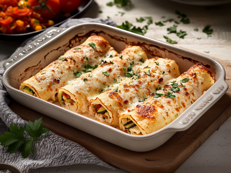 Vier überbackene Pfannkuchenrollen liegen in einer Auflaufform. Sie sind mit Käse überbacken und mit frischen Kräutern bestreut. Im Hintergrund sieht man noch eine Schale geriebenen Käse sowie eine Platte mit Tomaten.