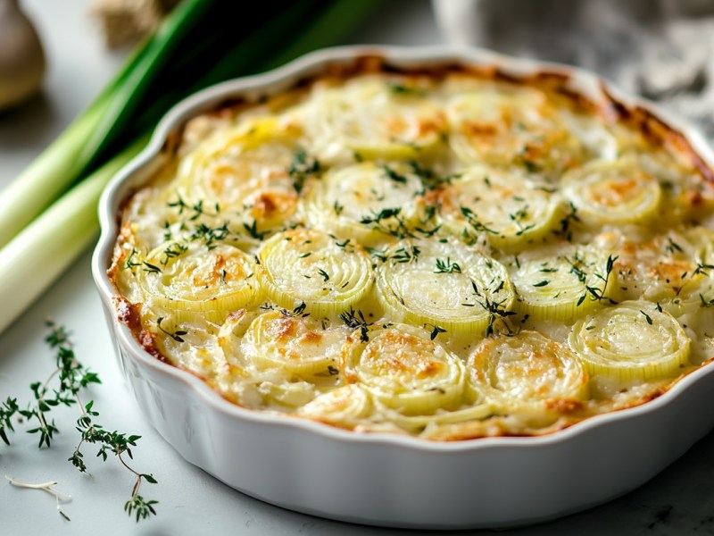 Überbackener Lauch in runder Auflaufform, daneben ein paar Lauchstangen und Kräuterzweige.