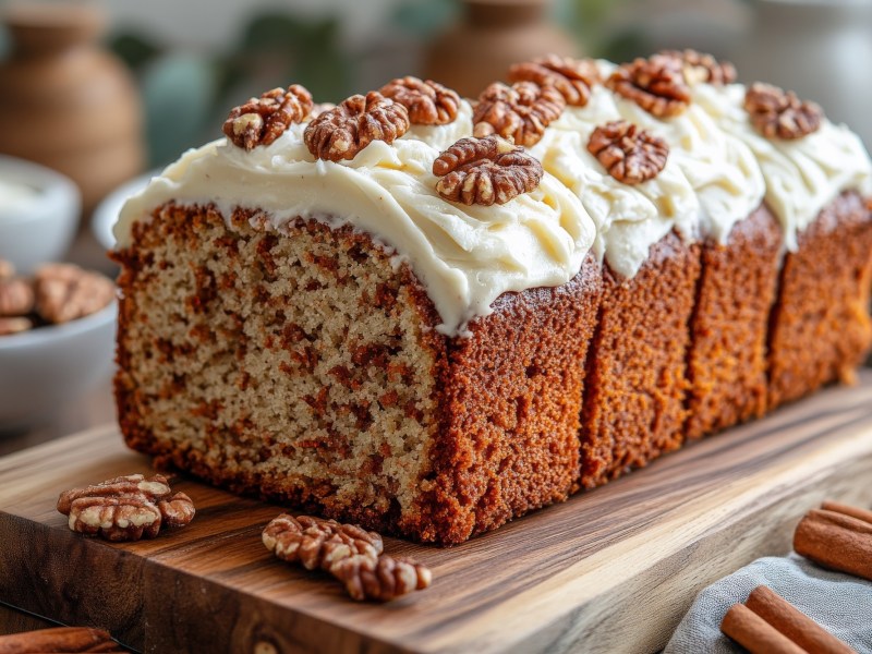 angeschnittener Walnuss-Zimt-Kuchen auf einem Brett