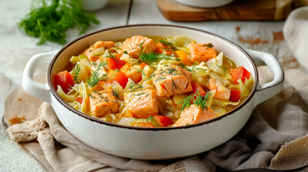 Eine große Portion Weißkohl-Lachs-Eintopf garniert mit frischem Dill in einem großen weißen Topf- Der Topf steht auf einem beigen Küchentuch auf einem hellen Holzuntergrund. Im Hintergrund kann man angedeutet ein Holzbrett sehen, auf dem Dinge stehen. Außerdem liegt im Hintergrund frischer Dill.
