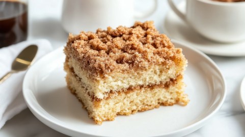 Ein Stück Zimt-Streuselkuchen vom Blech auf einem Teller