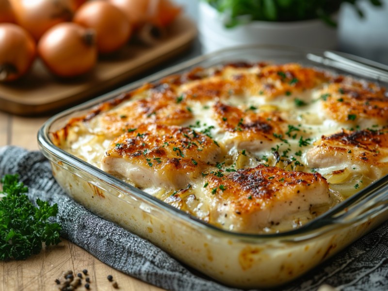 Auflaufform mit Zwiebel-Sahne-Hähnchen aus dem Ofen