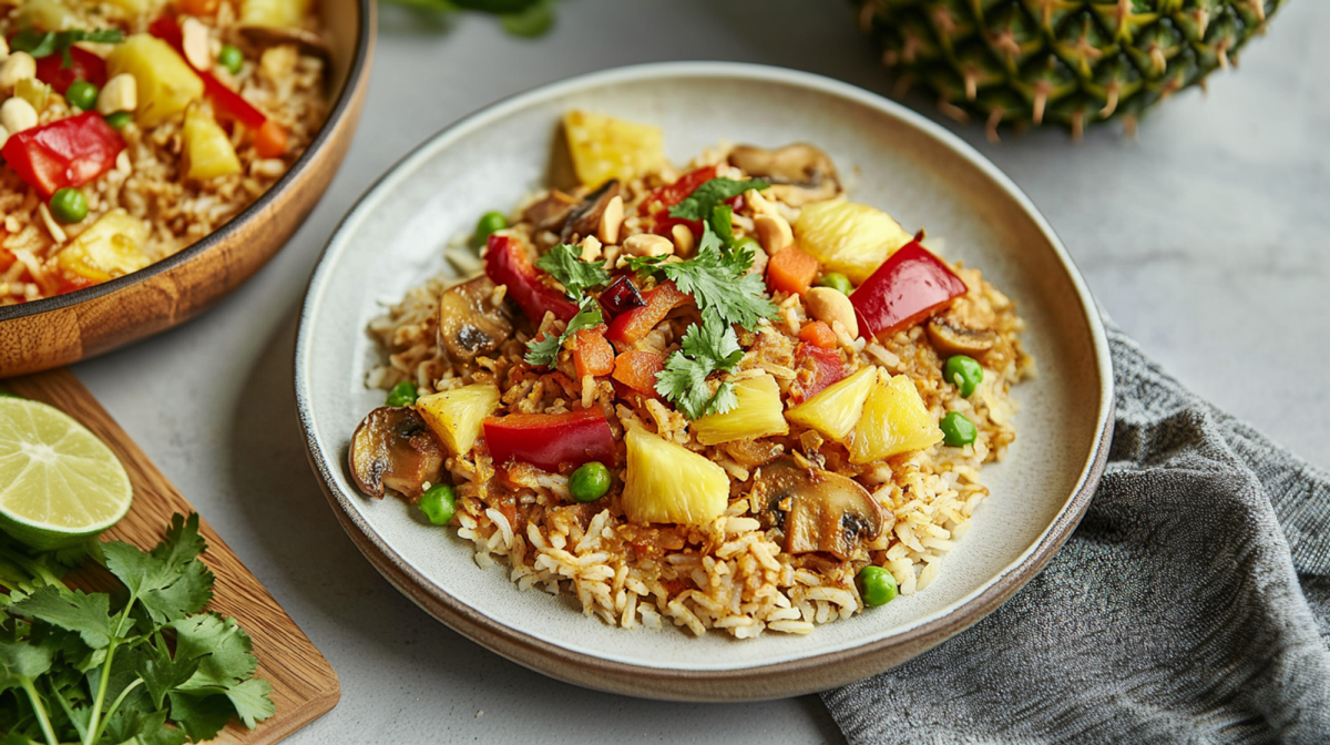 Ein Teller mit einer Portion Ananas-Reispfanne, die unter anderem Champignons, Karotten, rote Paprika, Ananas und Erbsen enthält und mit etwas frischem Koriander sowie einigen gehackten Erdnüssen garniert ist. Der Teller steht auf einer hellen Arbeitsfläche. Daneben liegt ein graues Küchenhandtuch. Um den Teller herum ist ein weiterer Teller mit Ananas-Reispfanne zu sehen. Außerdem kann man angeschnitten eine Ananas erkennen. Und es liegt ein Brett herum, auf dem eine Limettenhälfte und frischer Koriander liegt.