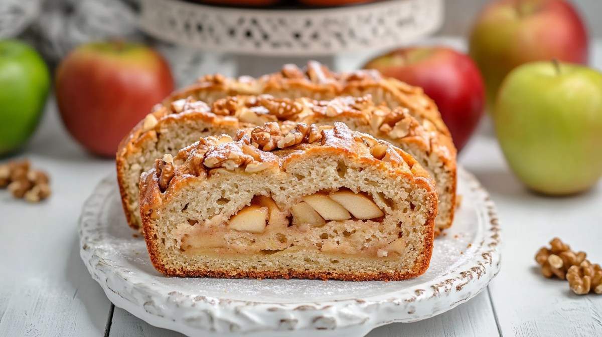Ein paar Scheiben Apfel-Käse-Brot mit Puderzucker und Walnüssen auf einem Teller. Dahinter einige Äpfel.