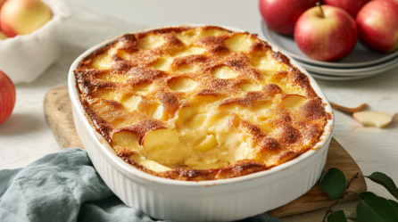 Apfel-Quark-Auflauf auf einem Holzbrett. Darunter liegt ein graues Tuch. Im Hintergrund stehen eine Schale sowie einige Teller mit weiteren Äpfel darauf.