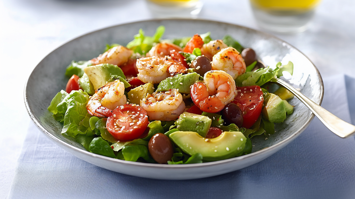 Ein Teller mit einer Portion Avocado-Garnelen-Salat, der unter anderem Kirschtomaten, Avocadostücke, Oliven und Salat enthält und mit Sesam bestreut ist. Der Teller steht auf einem hellblauen Tischuntersetzer. Im Hintergrund kanns man zwei Gläser erahnen, die mit einer gelb-grünen Flüssigkeit, vermutlich Olivenöl, gefüllt sind. Im Teller liegt eine Gabel.