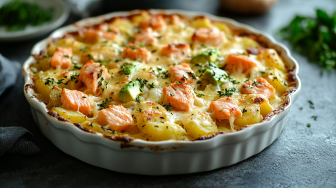 Avocado-Kartoffelauflauf mit Lachs in einer Keramik-Auflaufform.