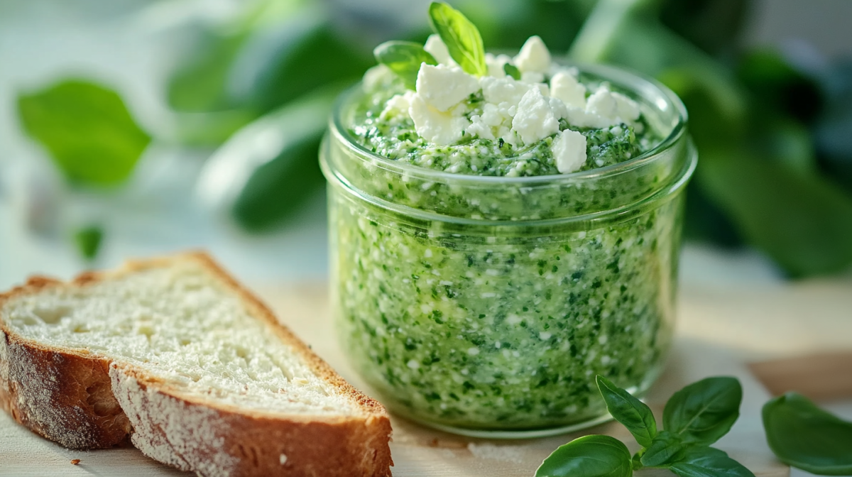 Ein Glas mit Bärlauch-Feta-Dip auf einem Holzbrett. Daneben liegt eine Scheibe Brot. Drumherum liegen weitere frische Kräuter.