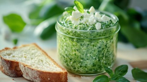 Ein Glas mit Bärlauch-Feta-Dip auf einem Holzbrett. Daneben liegt eine Scheibe Brot. Drumherum liegen weitere frische Kräuter.