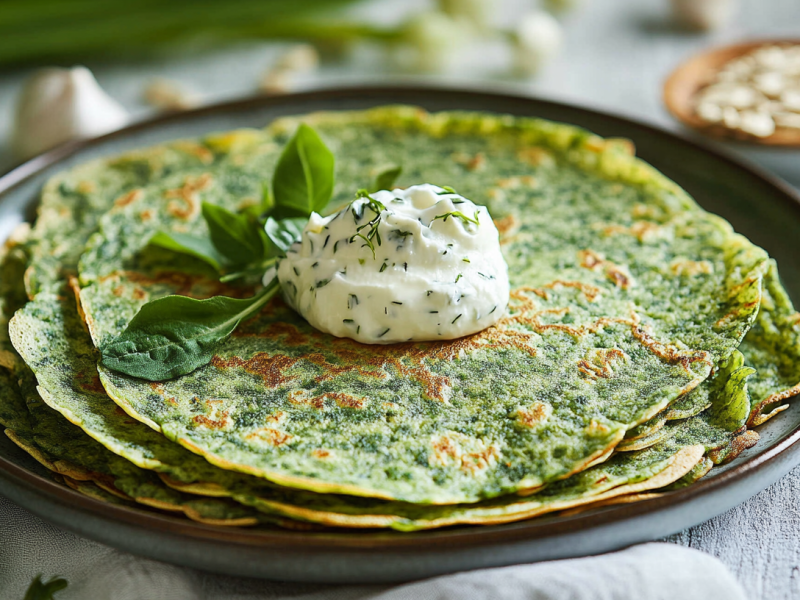 Bärlauch-Haferflocken-Pfannkuchen mit etwas Joghurt-Dip auf einem dunklen Teller.