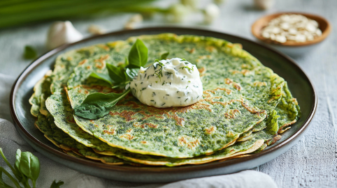 Bärlauch-Haferflocken-Pfannkuchen mit etwas Joghurt-Dip auf einem dunklen Teller.