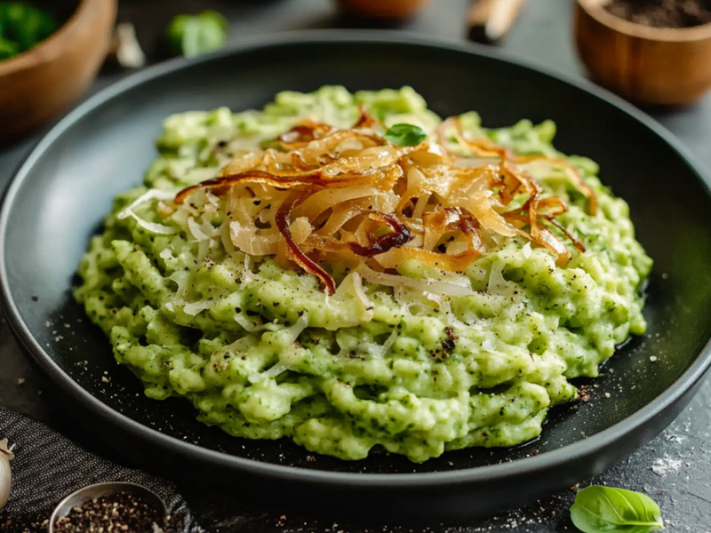 Ein schwarzer großer Teller mit einer Portion Bärlauch-Käsespätzle, die mit Röstzwiebeln garniert sind. Um den Teller liegen verstreut Basilikumblätter, eine Knoblauchzehe sowie Salz und Pfeffer. Außerdem sind Schalen mit unter anderem frischen Kräutern und schwarzem Pfeffer zu sehen. Neben dem Teller liegt außerdem ein Küchenhandtuch.