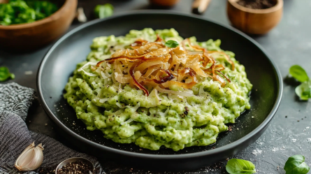 Ein schwarzer großer Teller mit einer Portion Bärlauch-Käsespätzle, die mit Röstzwiebeln garniert sind. Um den Teller liegen verstreut Basilikumblätter, eine Knoblauchzehe sowie Salz und Pfeffer. Außerdem sind Schalen mit unter anderem frischen Kräutern und schwarzem Pfeffer zu sehen. Neben dem Teller liegt außerdem ein Küchenhandtuch.