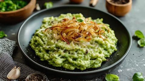 Ein schwarzer großer Teller mit einer Portion Bärlauch-Käsespätzle, die mit Röstzwiebeln garniert sind. Um den Teller liegen verstreut Basilikumblätter, eine Knoblauchzehe sowie Salz und Pfeffer. Außerdem sind Schalen mit unter anderem frischen Kräutern und schwarzem Pfeffer zu sehen. Neben dem Teller liegt außerdem ein Küchenhandtuch.