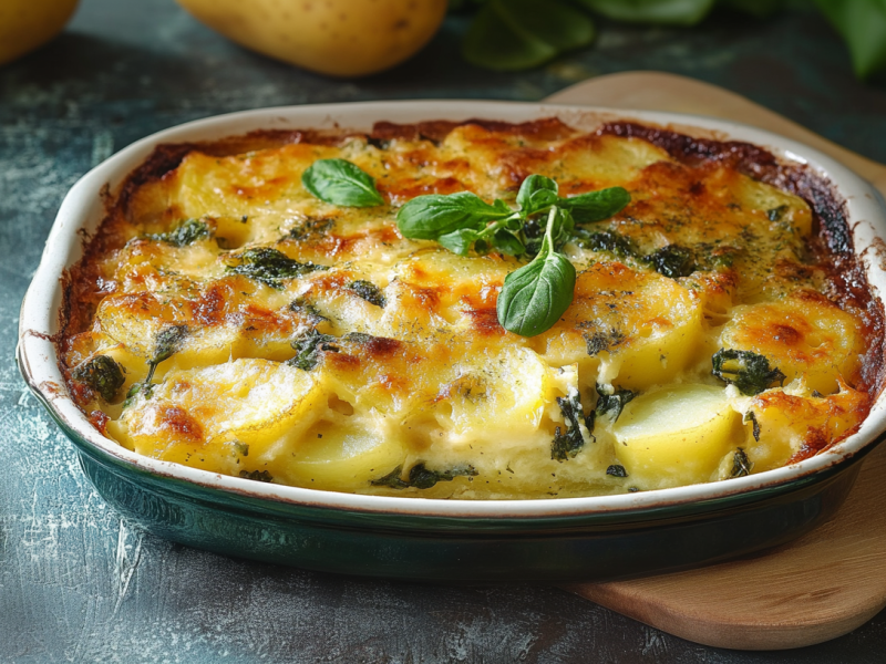 Bärlauch-Kartoffelgratin in einer Auflaufform auf einem Holzbrett auf einem dunklen Untergrund. Daneben liegen noch einige frische Bärlauchblätter. Im Hintergrund sieht man zwei Kartoffeln.