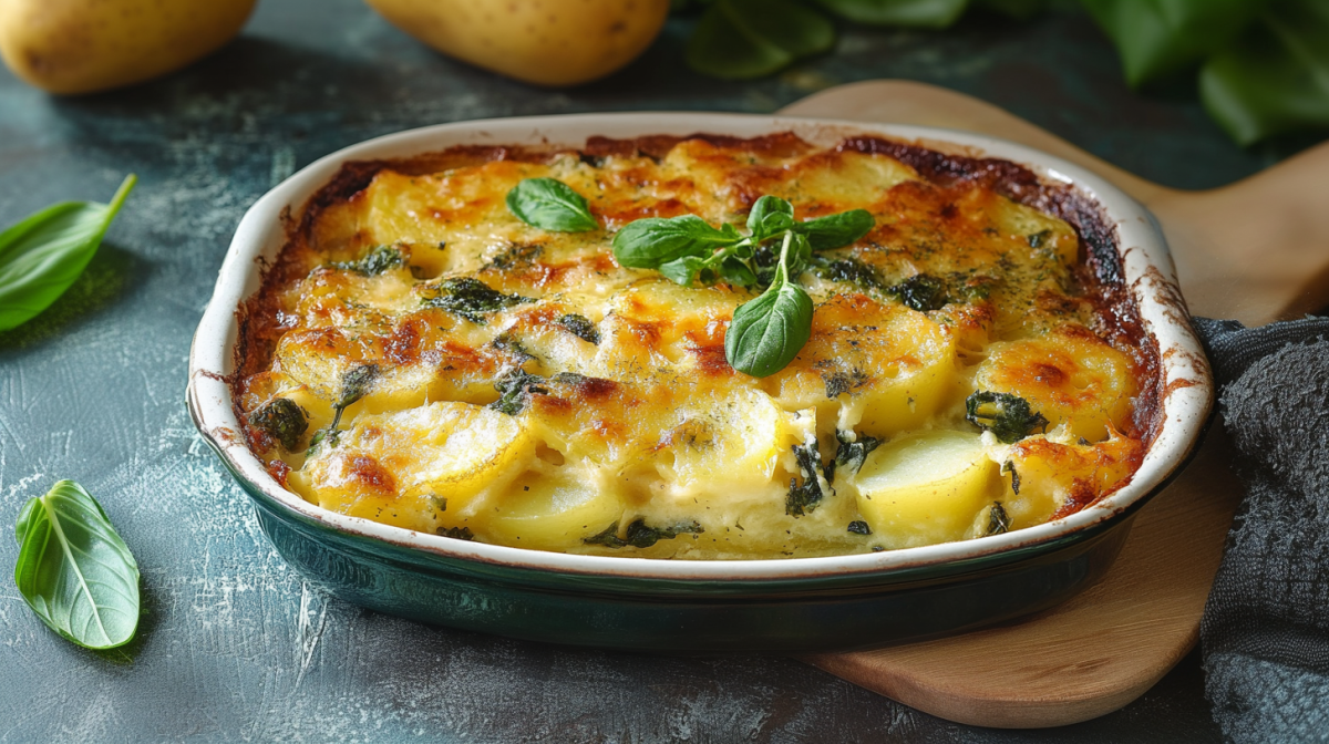 Bärlauch-Kartoffelgratin in einer Auflaufform auf einem Holzbrett auf einem dunklen Untergrund. Daneben liegen noch einige frische Bärlauchblätter. Im Hintergrund sieht man zwei Kartoffeln.
