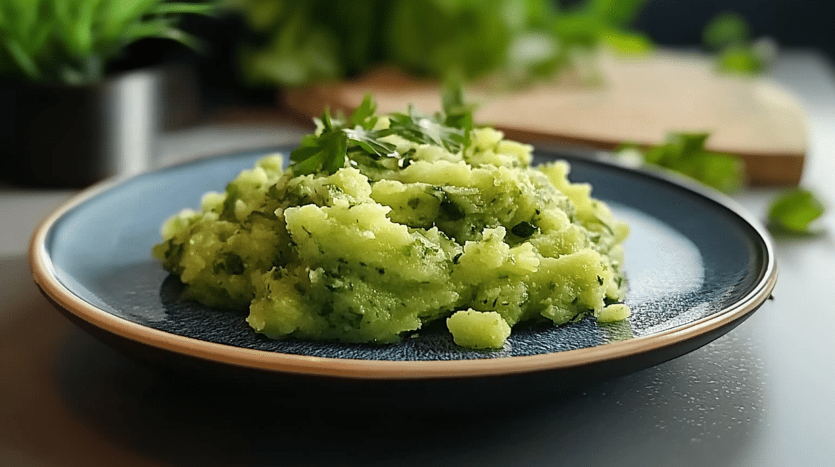 Ein Teller mit einer Portion Bärlauch-Kartoffelstampf, der mit ein bisschen frischer Petersilie garniert ist. Der Teller steht auf einer dunklen Arbeitsplatte. Außerdem ist ein Brett zu sehen, auf dem frische Kräuter liegen. Zusätzlich ist ein Topf mit einer Pflanze zu sehen.
