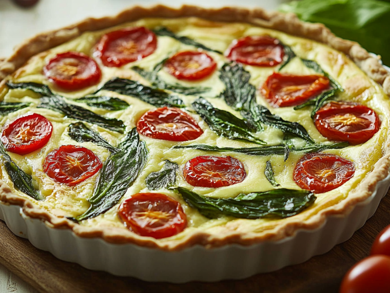 Eine Bärlauch-Tomaten-Quiche in einer Tarteform.