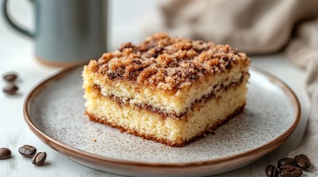 Ein Stück Bananen-Joghurt-Kuchen auf einem Teller, daneben ein paar Kaffeebohnen und eine Tasse Kaffee.