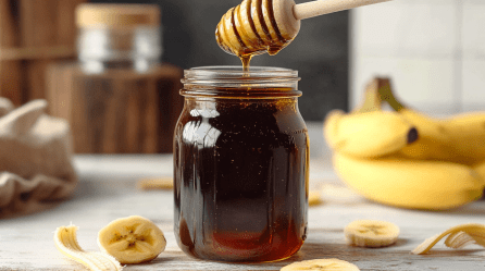 Bananenschalen-Sirup in einem Glas. Drum herum liegen Bananenstücke und -schalen.