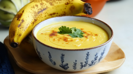 Eine Schüssel mit Bananensuppe steht auf einem kleinen Holzbrett. Dahinter liegt noch eine weitere Banane.